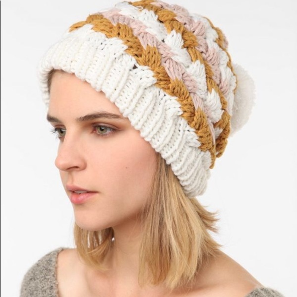 Pins and Needles Basketweave Knit Pom Beanies